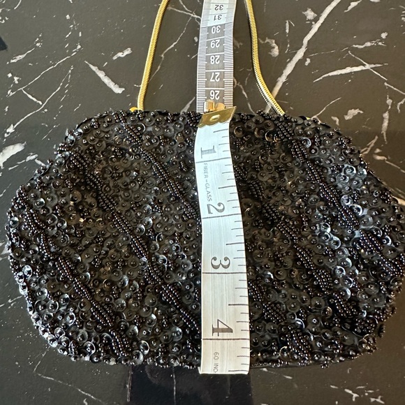 Vintage Black Beaded Clutch Handbag Sequence Gold Hardware Art Deco - Picture 9 of 10